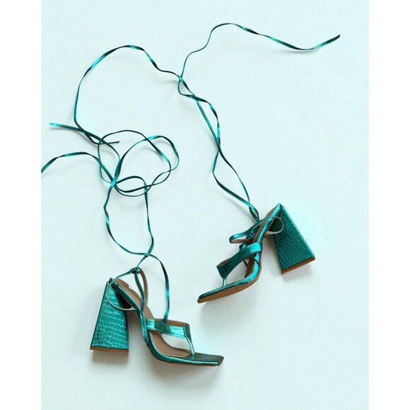 EGO Teal Metallic Lace Up Block Heels Sandals Size UK 7 / US 9 - Picture 1 of 10